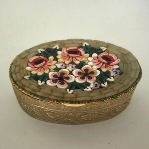 Vintage Micro Mosaic Oval Floral Pink Roses Pill Box Ring Box Trinket